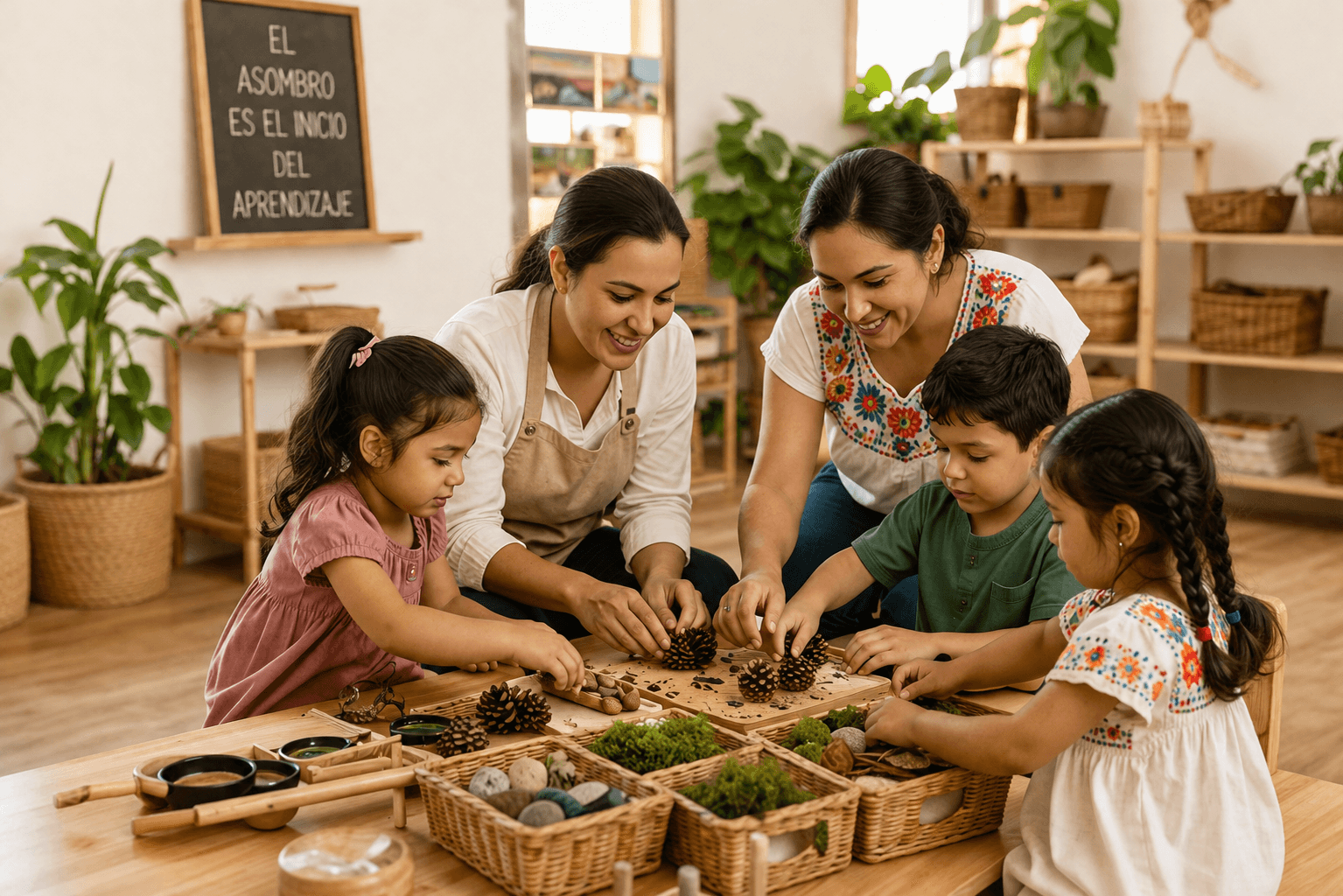 Guía acompañando a niños en una actividad sensorial