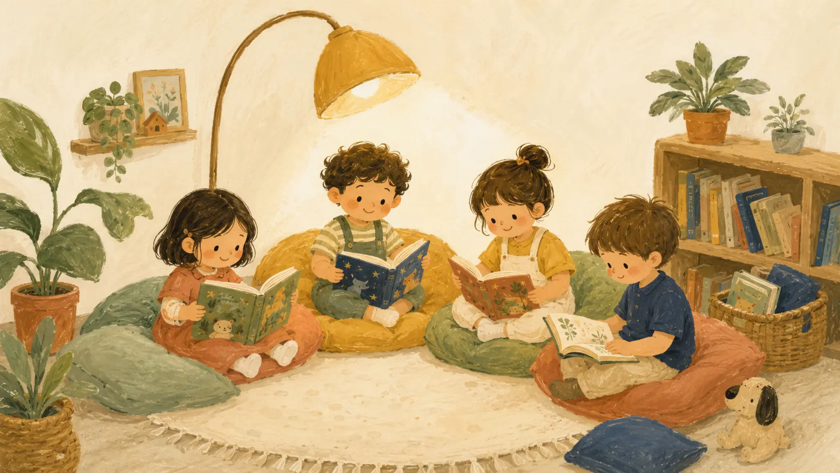 Niños leyendo y explorando materiales en un aula cálida