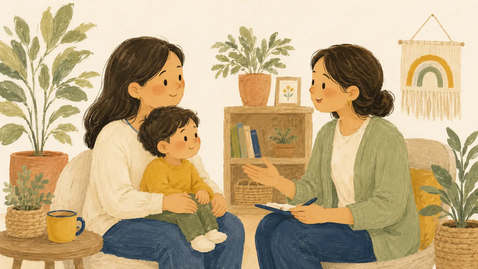 Madre y niño recibiendo acompañamiento en un espacio infantil